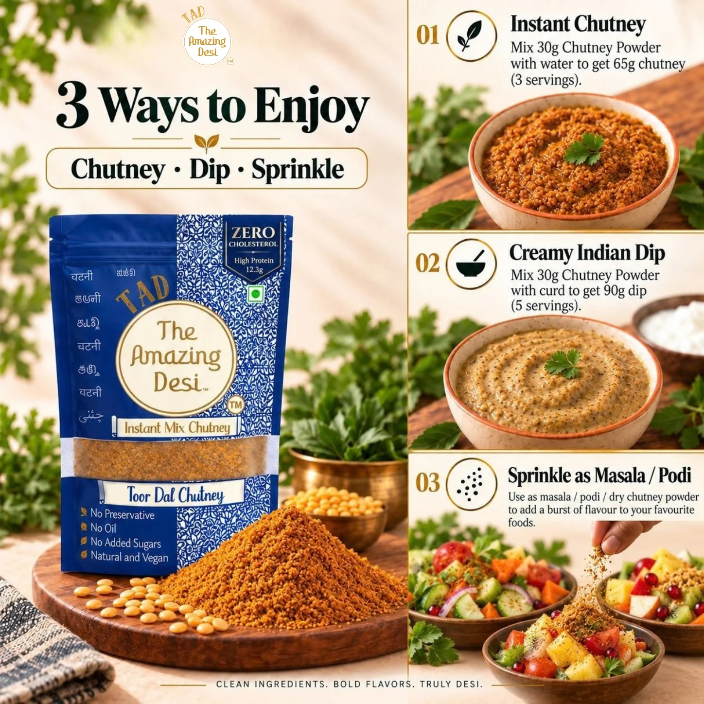 TAD Toor Dal Instant Chutney Mix – 30g | Idli/Dosa Pudi | 3 In 1 Mix - Image 4