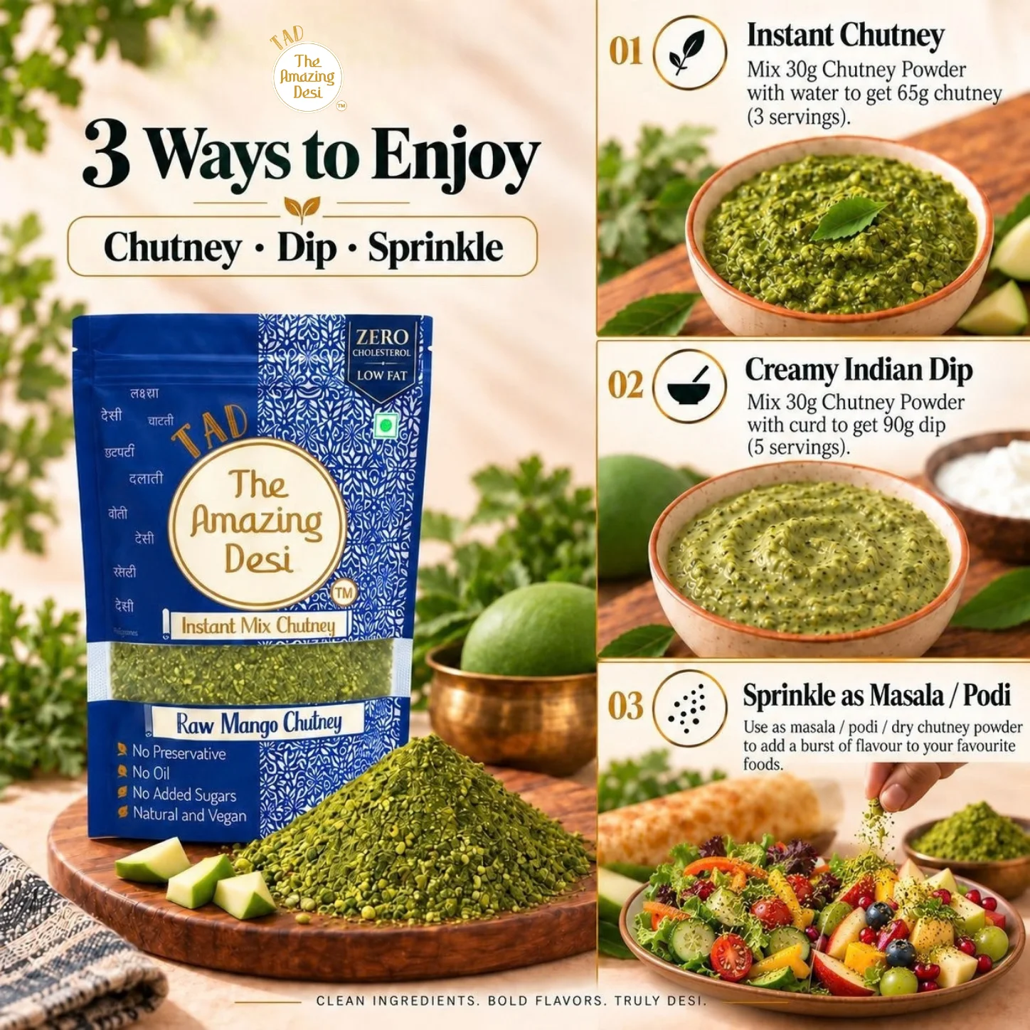 TAD Raw Mango Instant Chutney Mix – 100g | Kaccha Aam Thecha | 3 In 1 Mix - Image 4