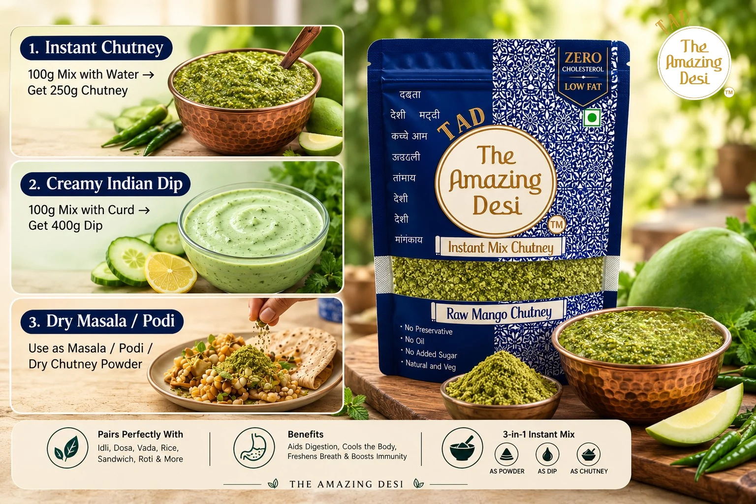Infographic showing three ways to use TAD raw mango chutney: mixed with water for instant chutney, mixed with curd for a creamy Indian dip, or used dry as a masala podi.