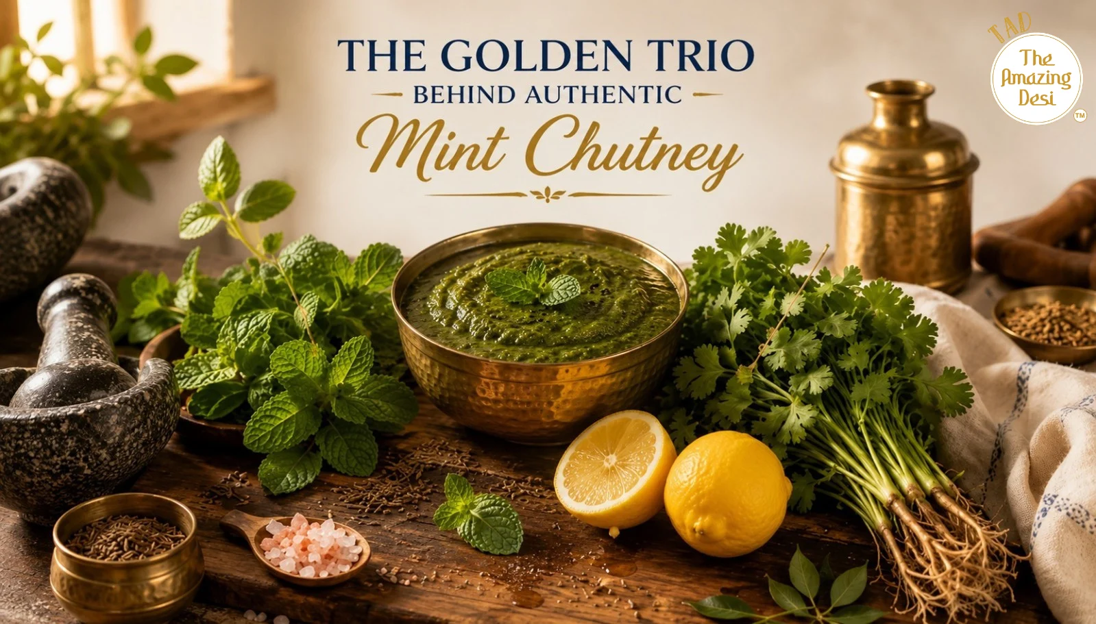 A brass bowl of prepared TAD mint chutney surrounded by its golden trio of ingredients: fresh mint leaves, coriander, and lemons.