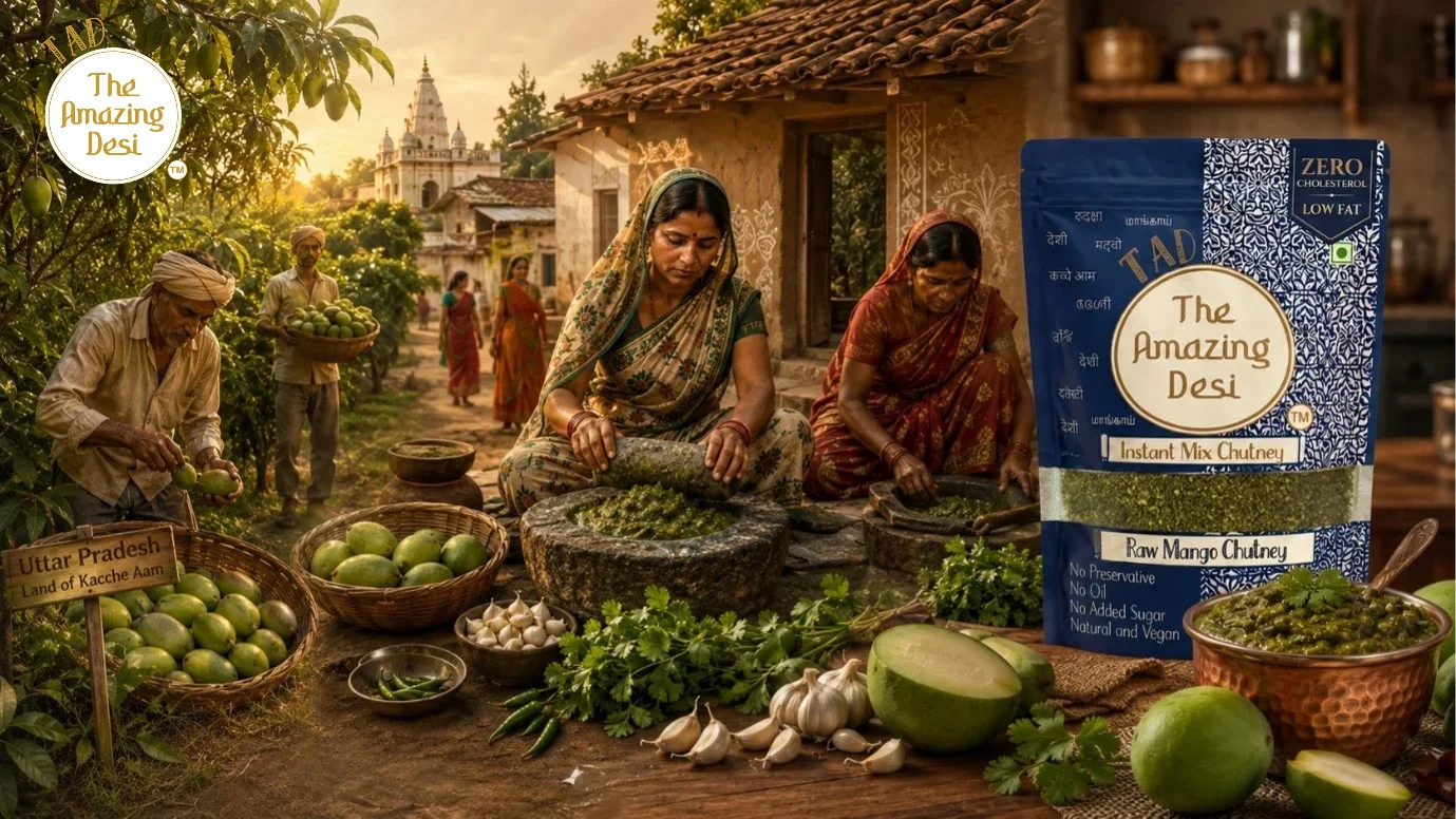 Women in a traditional Uttar Pradesh village grinding fresh raw mangoes on a stone to make authentic TAD kacche aam chutney.