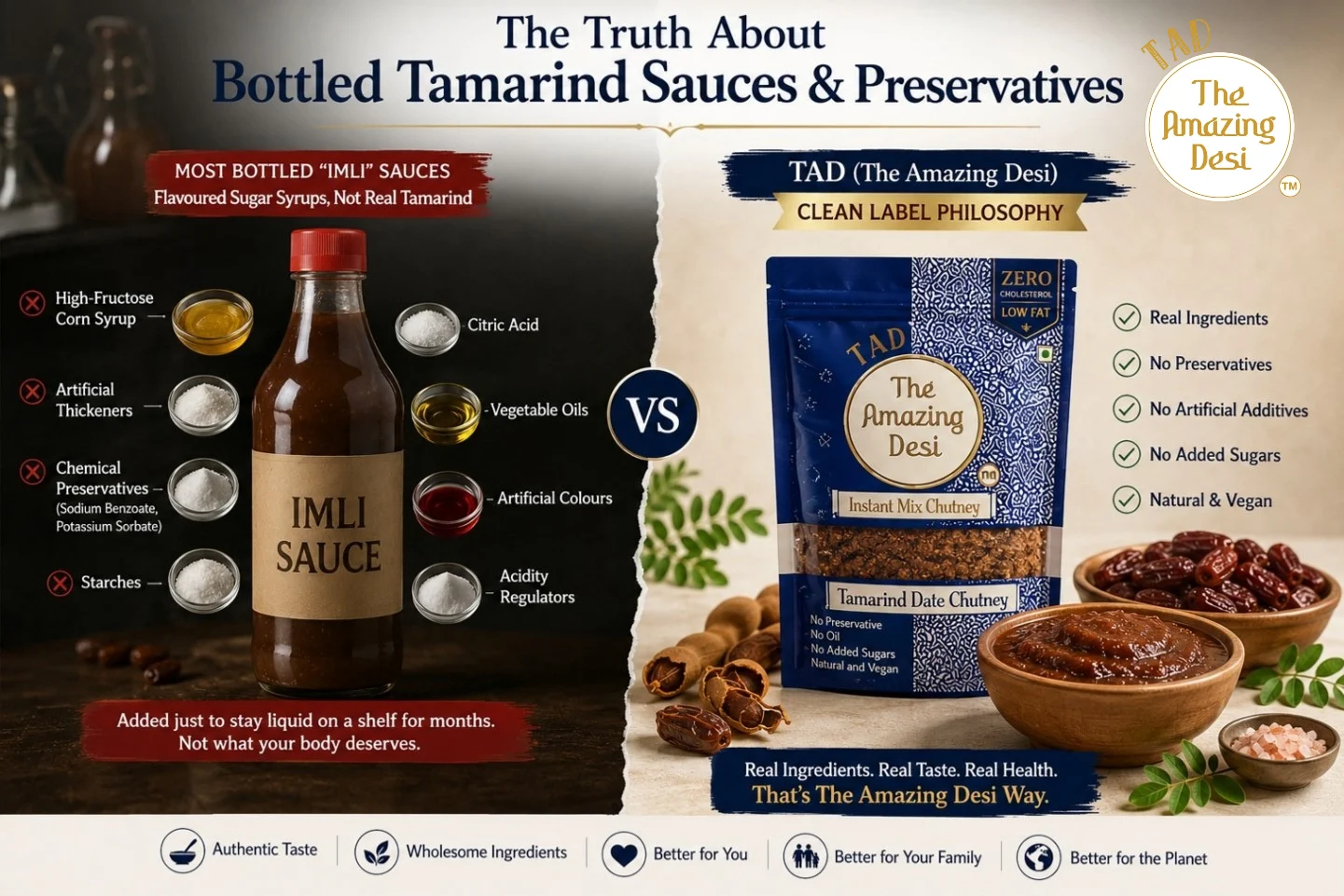 Comparison chart showing the clean label philosophy of natural TAD tamarind date chutney versus bottled imli sauces loaded with corn syrup and chemical preservatives.