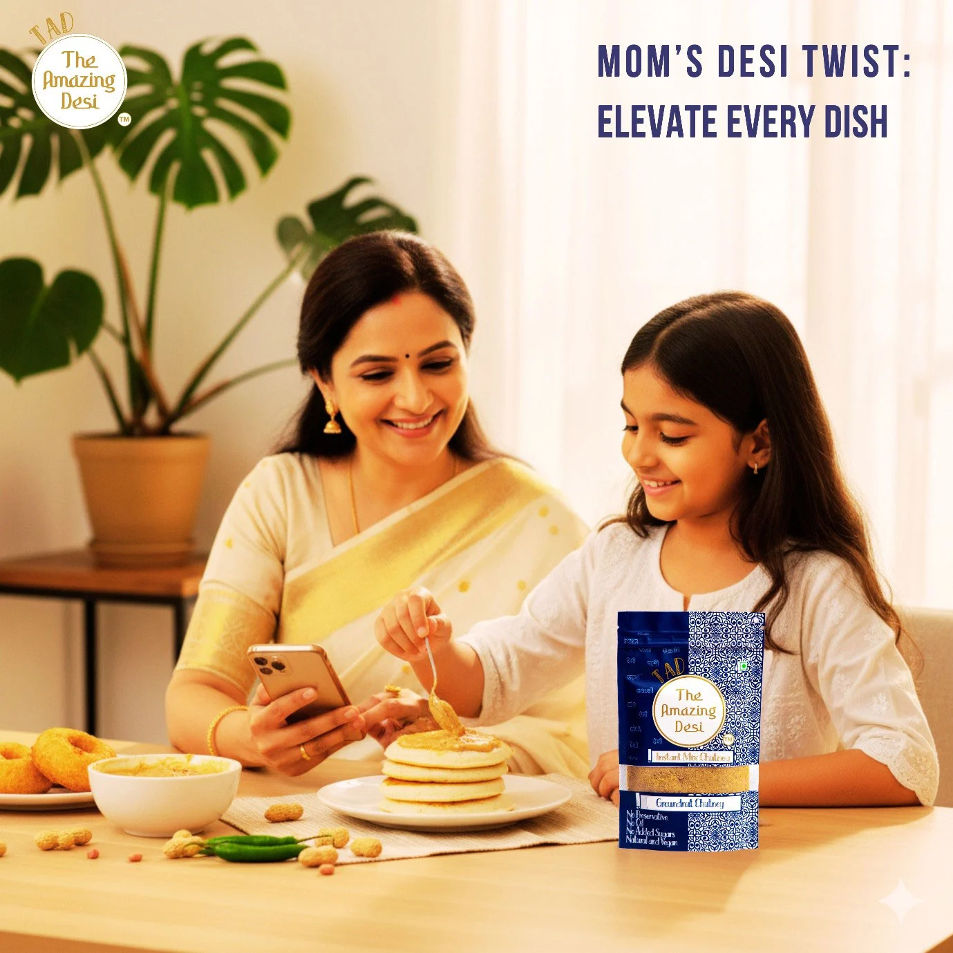 A mother and daughter smiling at the breakfast table while enjoying meals paired with TAD instant groundnut chutney for a healthy, home-style twist.