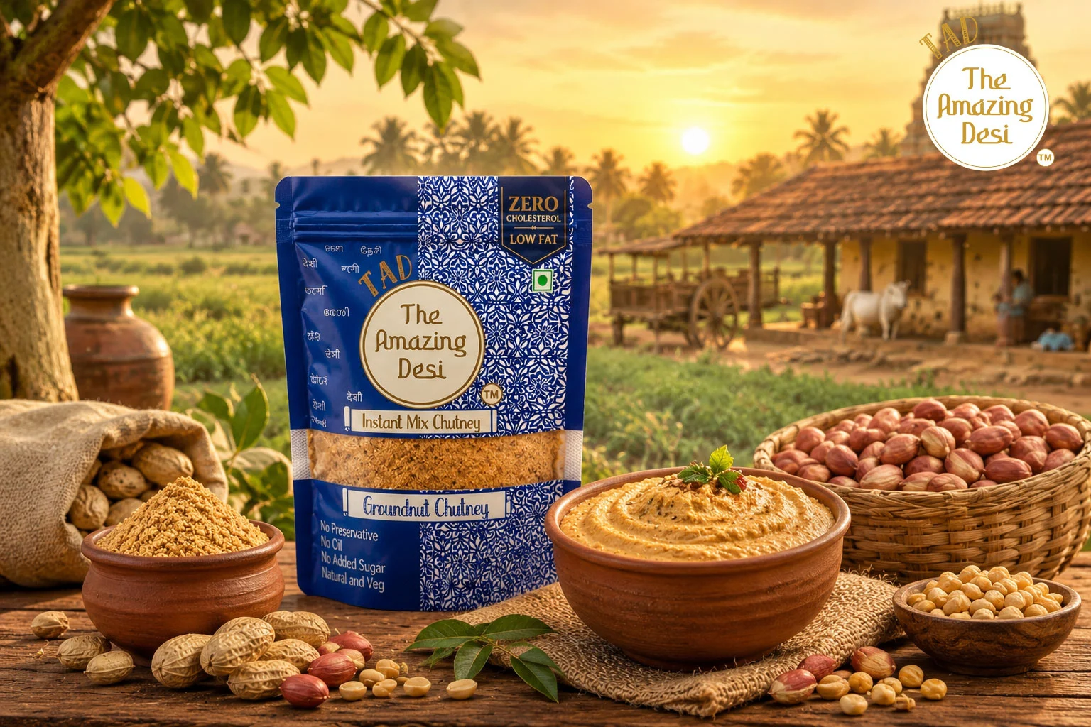 Freshly prepared TAD groundnut chutney in an earthen bowl set against a rural farm backdrop, surrounded by raw peanuts in a basket.