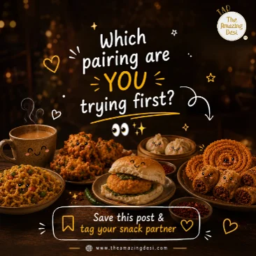 TAD garlic chutney paired with popular Indian snacks like maggi, pakoda, vada pav, and momos.