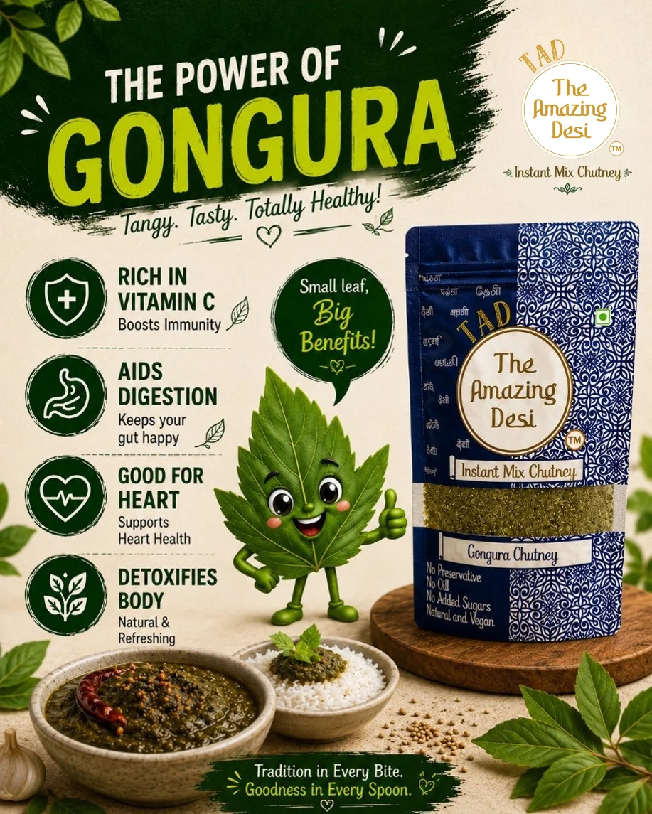 Nutritional graphic showing the health benefits of Gongura, including boosting immunity with Vitamin C, aiding digestion, and detoxifying the body, next to a TAD chutney packet.