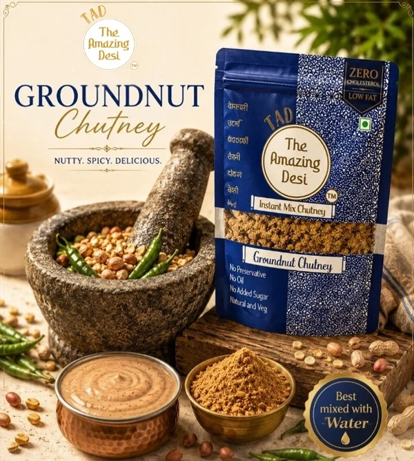 TAD instant groundnut chutney powder displayed with fresh green chillies and roasted peanuts, highlighting high protein benefits and food pairings like dosa and noodles.