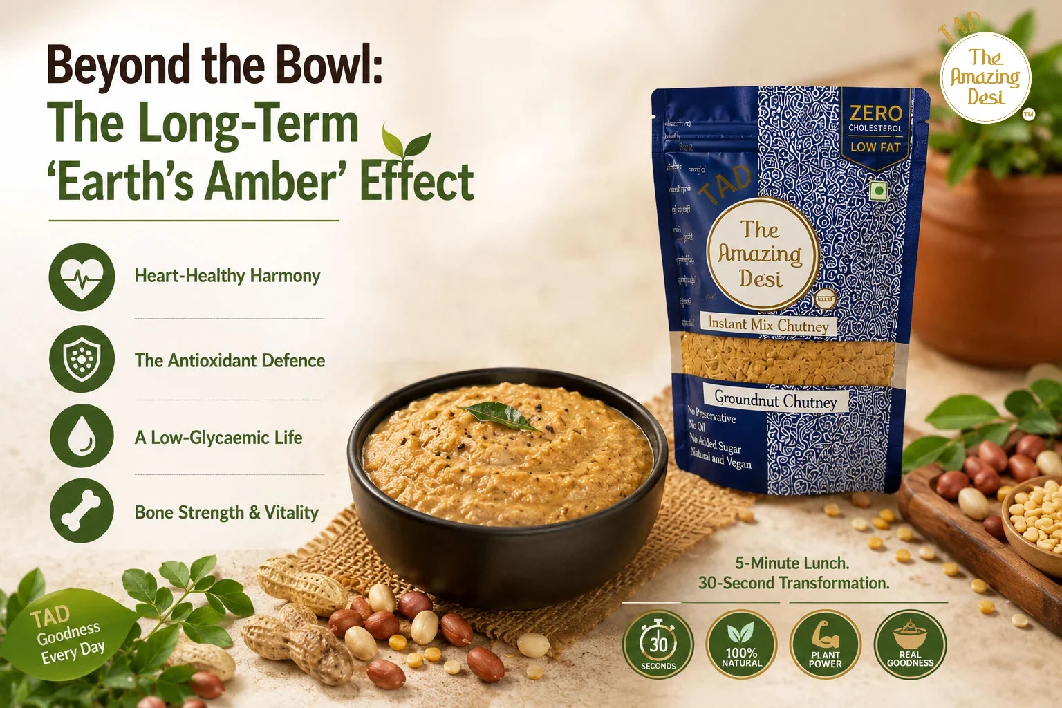 Nutritional graphic highlighting the long-term health benefits of TAD groundnut chutney, including antioxidant defense, low-glycemic index, and bone vitality.