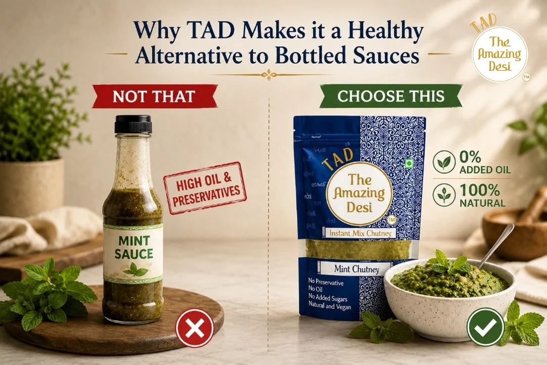 Comparison graphic showing TAD 100 percent natural mint chutney as a healthy, zero-oil alternative to bottled mint sauces containing high oil and preservatives.