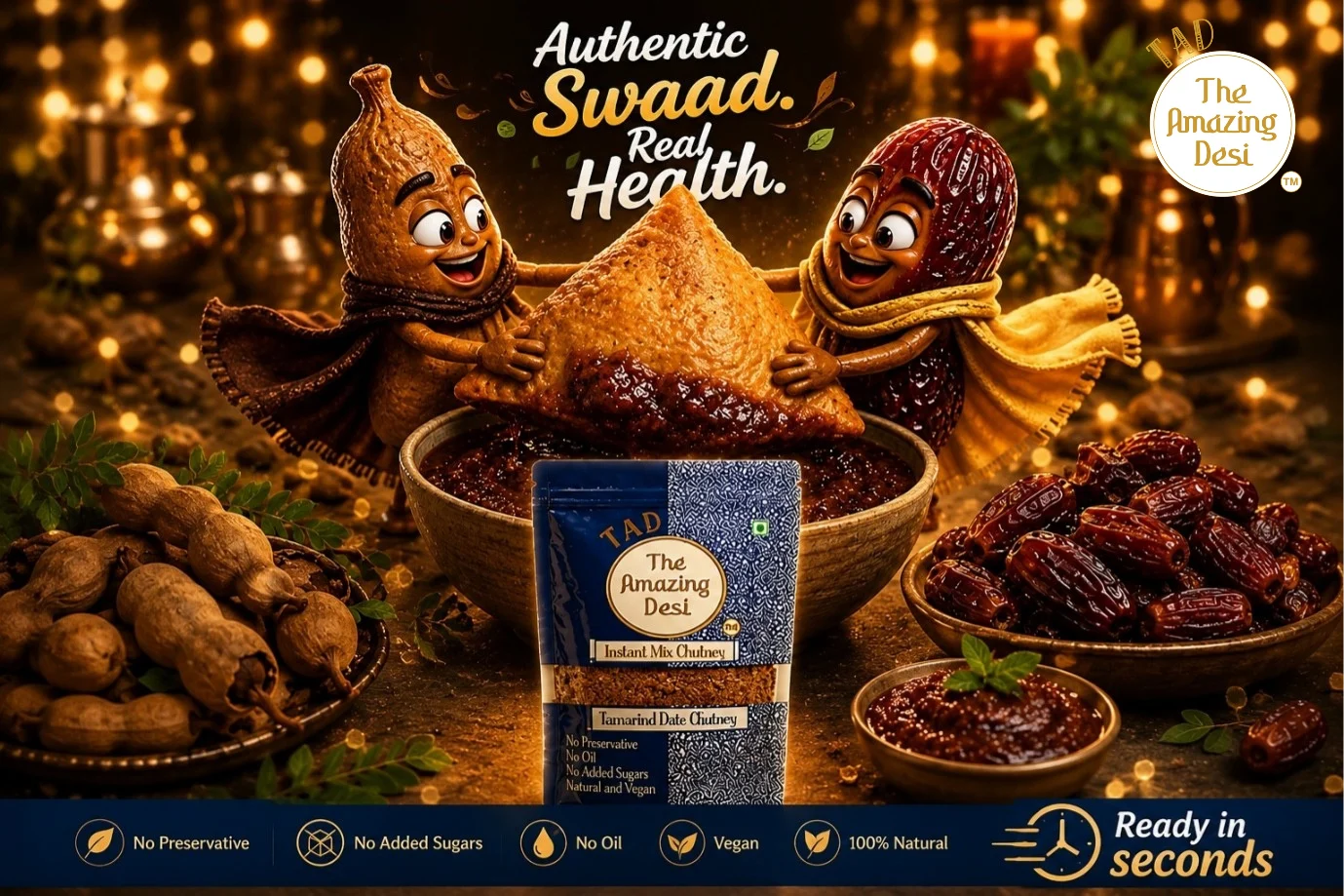 Animated tamarind and date mascots dipping a large samosa into a bowl of TAD tamarind date chutney, emphasizing its authentic taste and zero-sugar recipe.