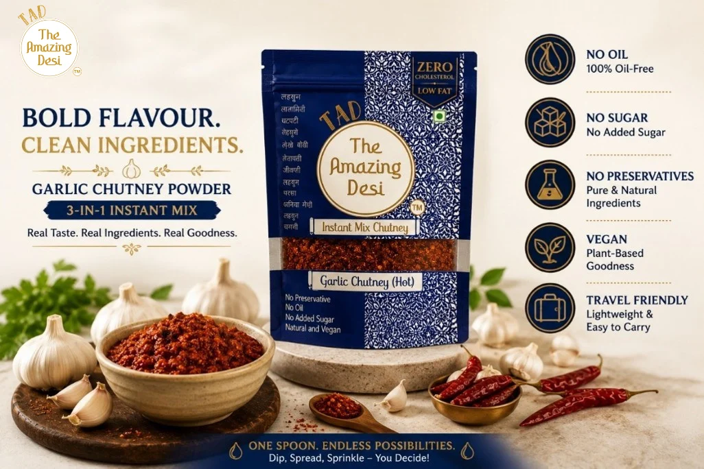 Infographic highlighting TAD garlic chutney's clean ingredients: no oil, no added sugar, vegan, and preservative-free.