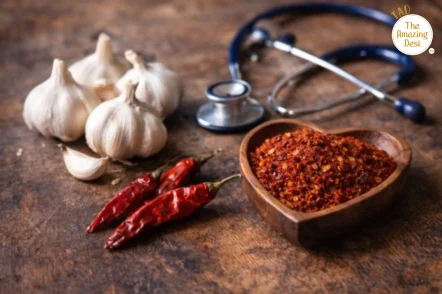 Garlic chutney powder in a heart-shaped bowl with a stethoscope, fresh garlic, and red chilies emphasizing heart health.