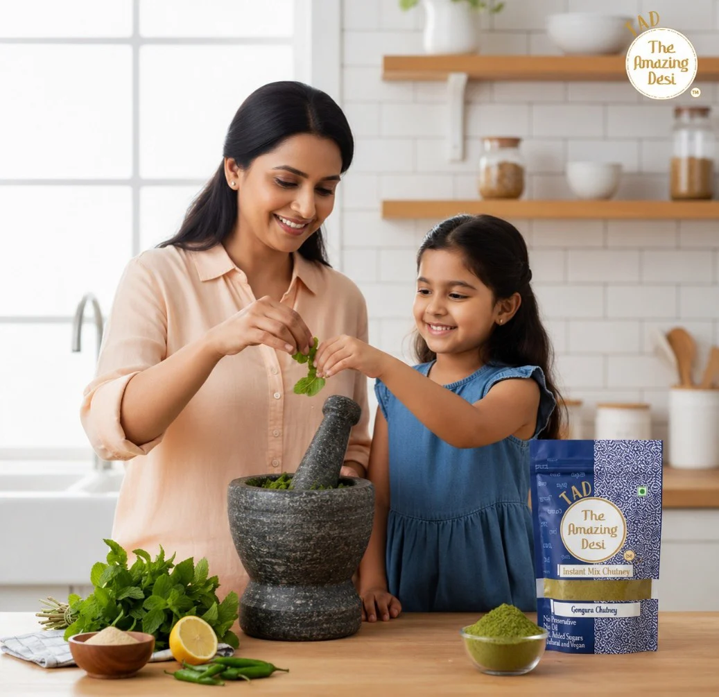 A mother and daughter smiling in a bright kitchen while preparing TAD instant mint chutney using fresh mint leaves and a stone mortar.