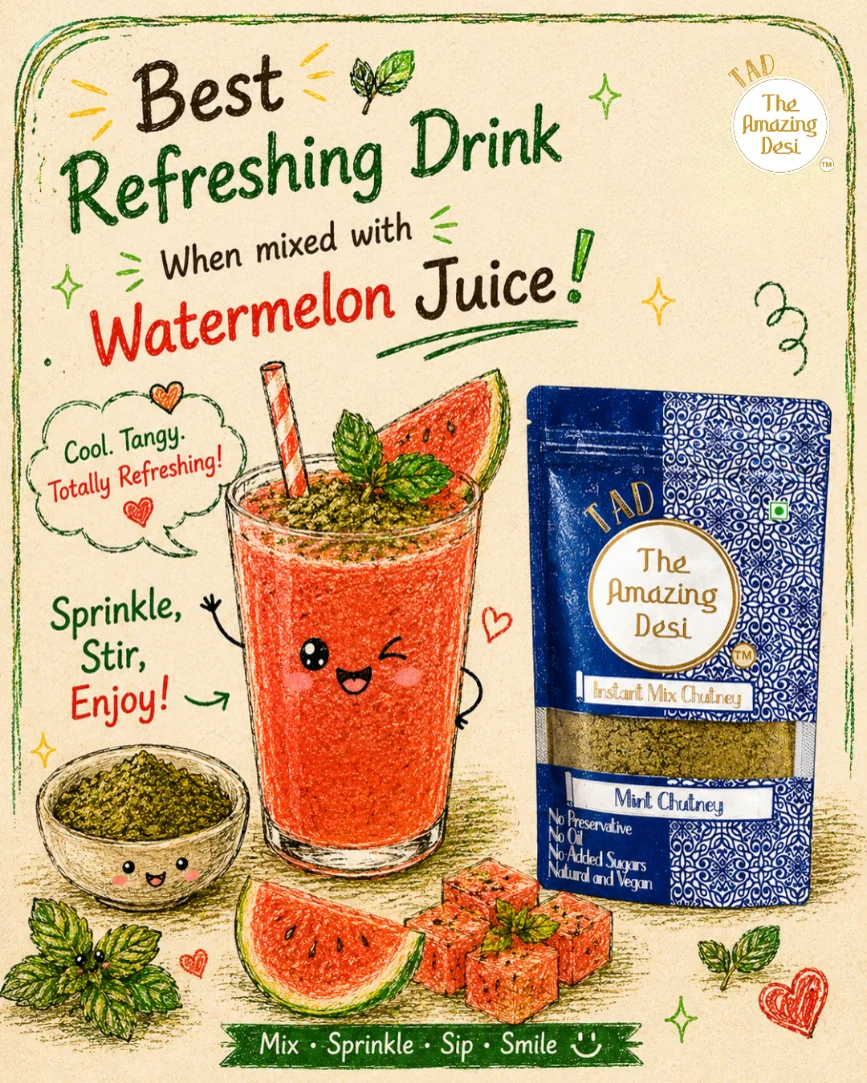 Illustrated graphic showing how to mix TAD mint chutney powder into watermelon juice to create a cool, tangy, and refreshing summer drink.