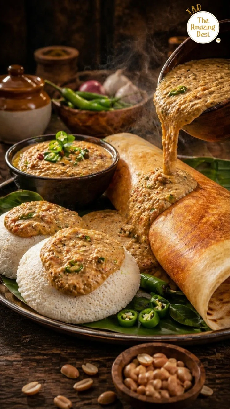 Steaming hot TAD groundnut chutney being poured over a crispy dosa and soft idlis, served on a traditional banana leaf with roasted peanuts.