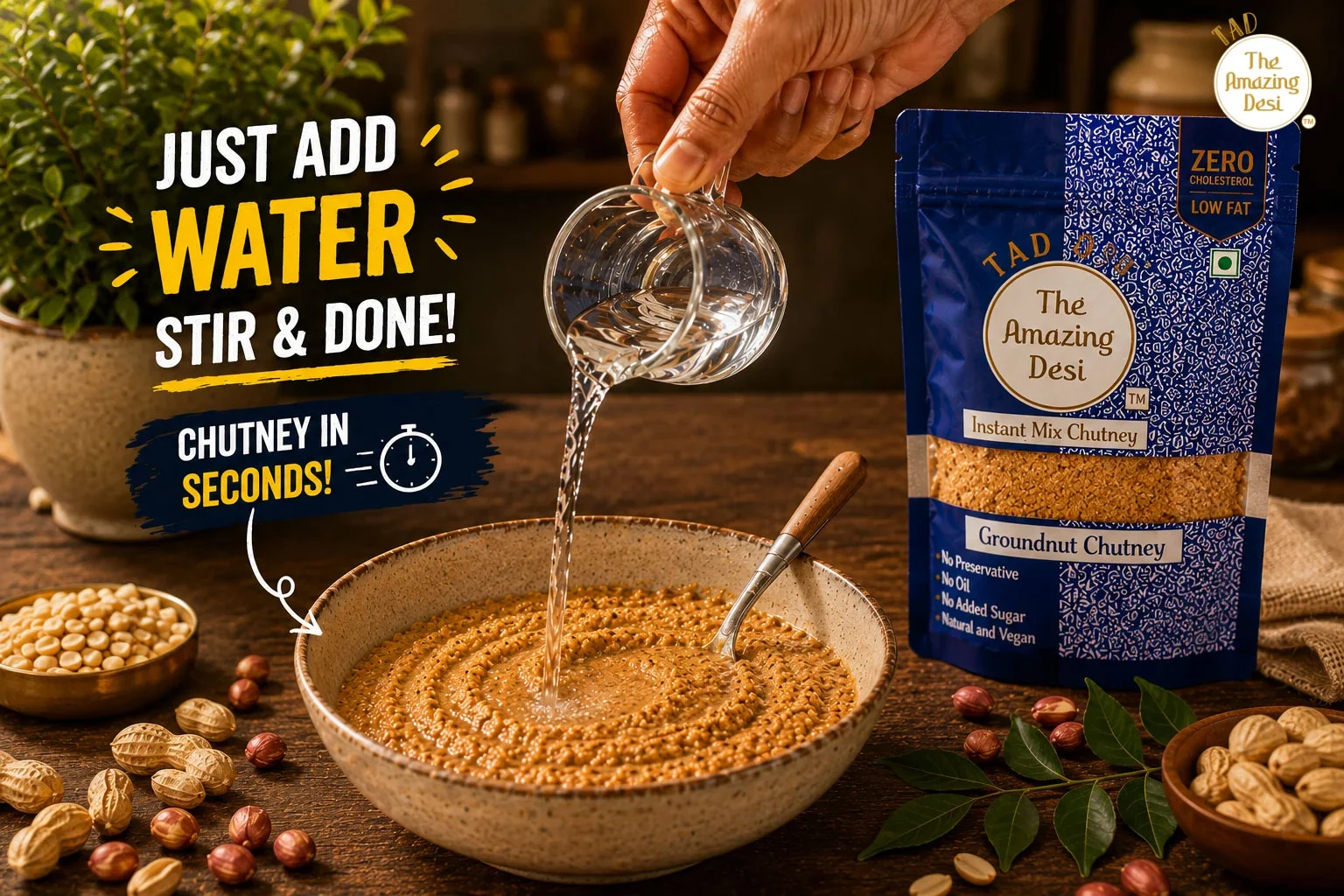 Pouring water into a bowl of TAD instant groundnut chutney powder to demonstrate the quick, 30-second preparation process.
