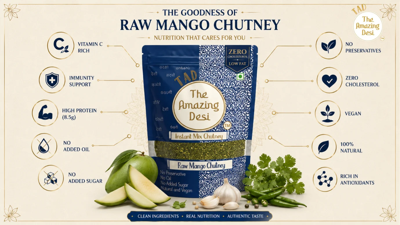 Nutritional benefits of TAD raw mango chutney highlighting its high vitamin C, immunity support, protein content, and 100 percent natural vegan ingredients.