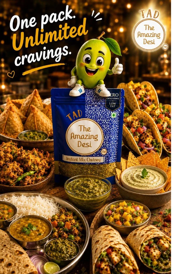 A playful raw mango mascot sits on a TAD instant mix chutney packet surrounded by perfect pairings like samosas, pakoras, tacos, and a traditional Indian thali.