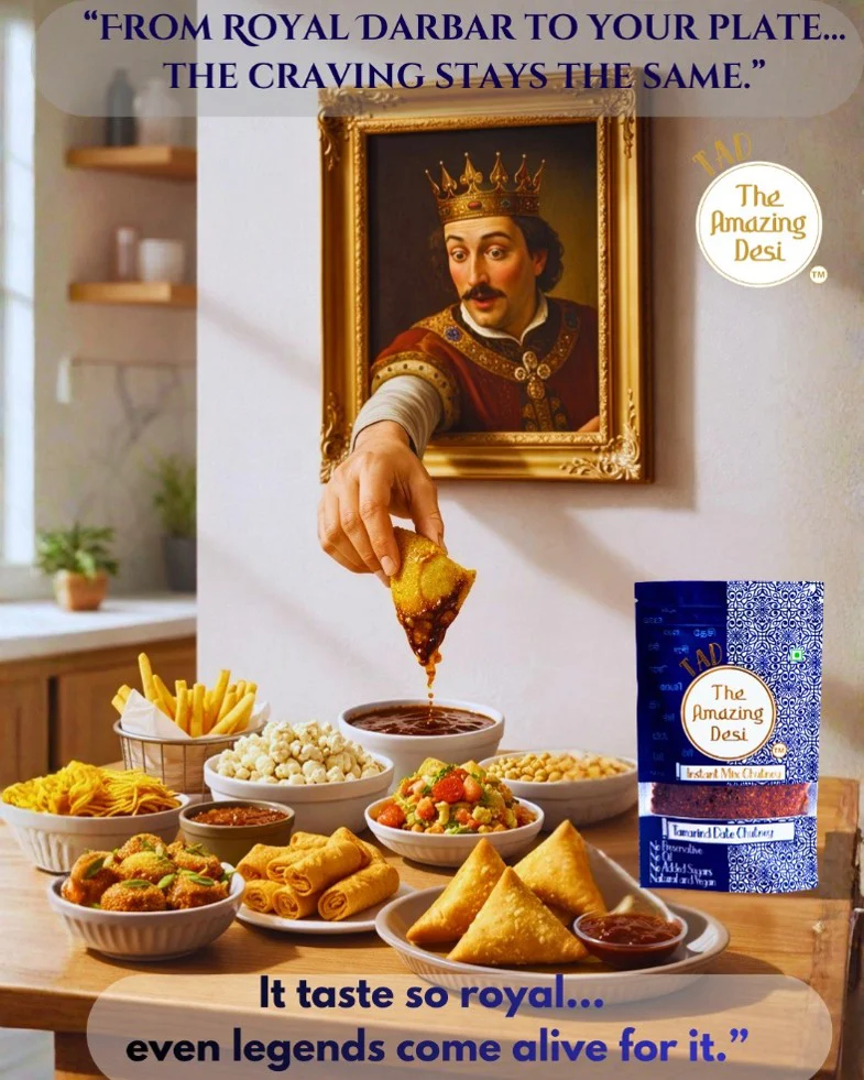 A royal-themed graphic showing a king from a painting dipping a samosa into a bowl of TAD tamarind date chutney, surrounded by an Indian snack feast.