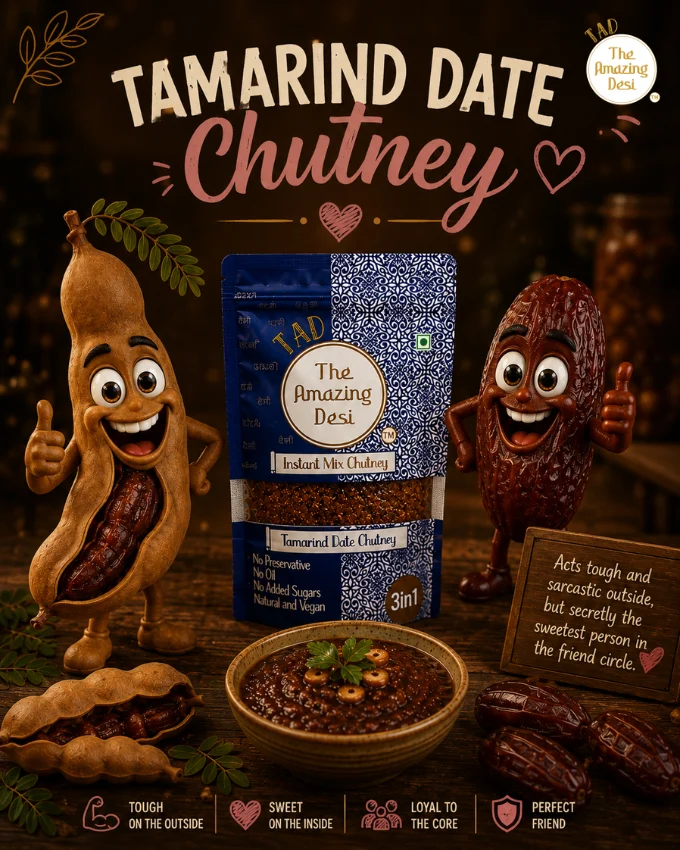 Animated tamarind and date characters presenting TAD tamarind date chutney powder, highlighting its sweet, tangy, and 100 percent natural flavor profile.