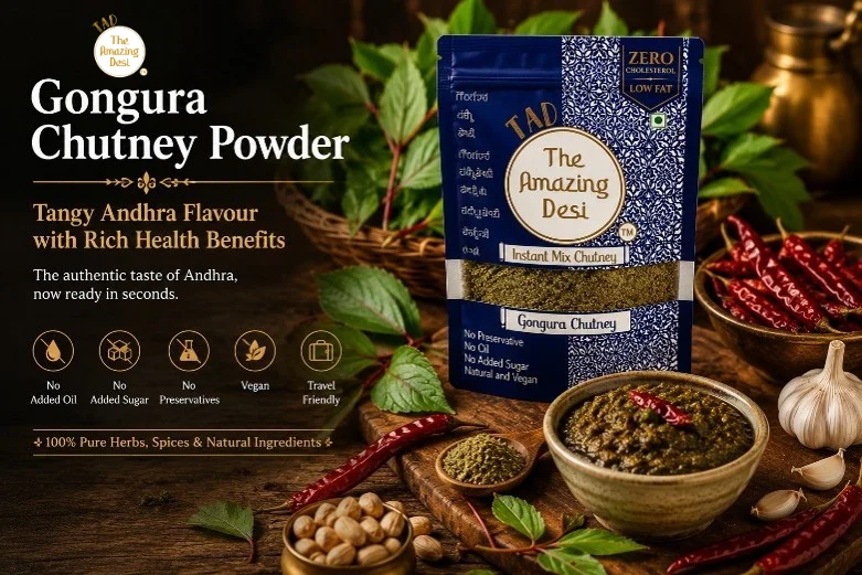 TAD Gongura chutney powder packet displayed with fresh sorrel leaves, emphasizing its tangy Andhra flavor and pure natural ingredients.