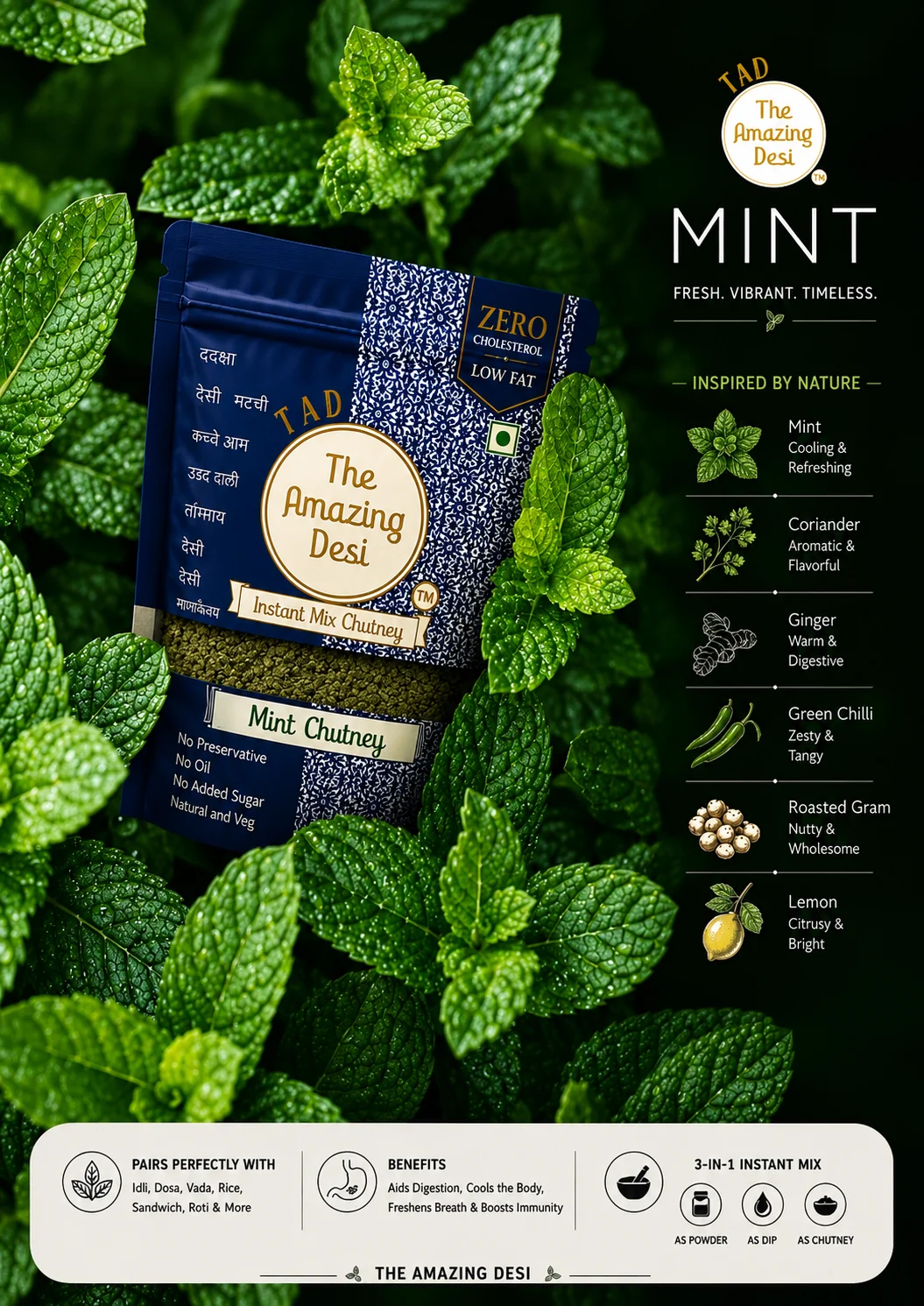 TAD instant mint chutney powder packet surrounded by fresh mint leaves, highlighting natural ingredients like coriander, ginger, and lemon.