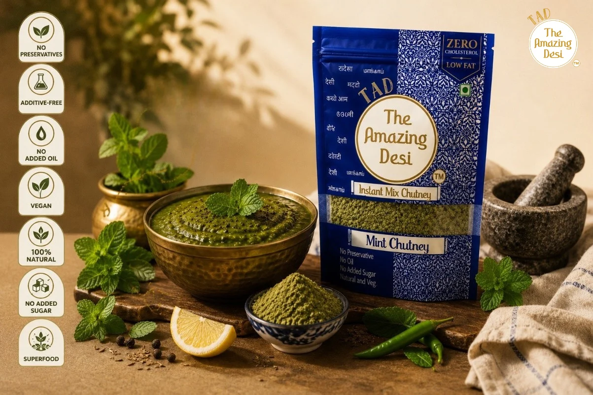 TAD vegan mint chutney powder and prepared dip alongside icons emphasizing it is additive-free, 100 percent natural, and contains no added sugar.