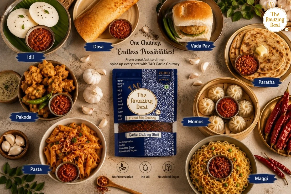 TAD garlic chutney served with diverse dishes including idli, dosa, vada pav, paratha, pakoda, momos, pasta, and maggi.