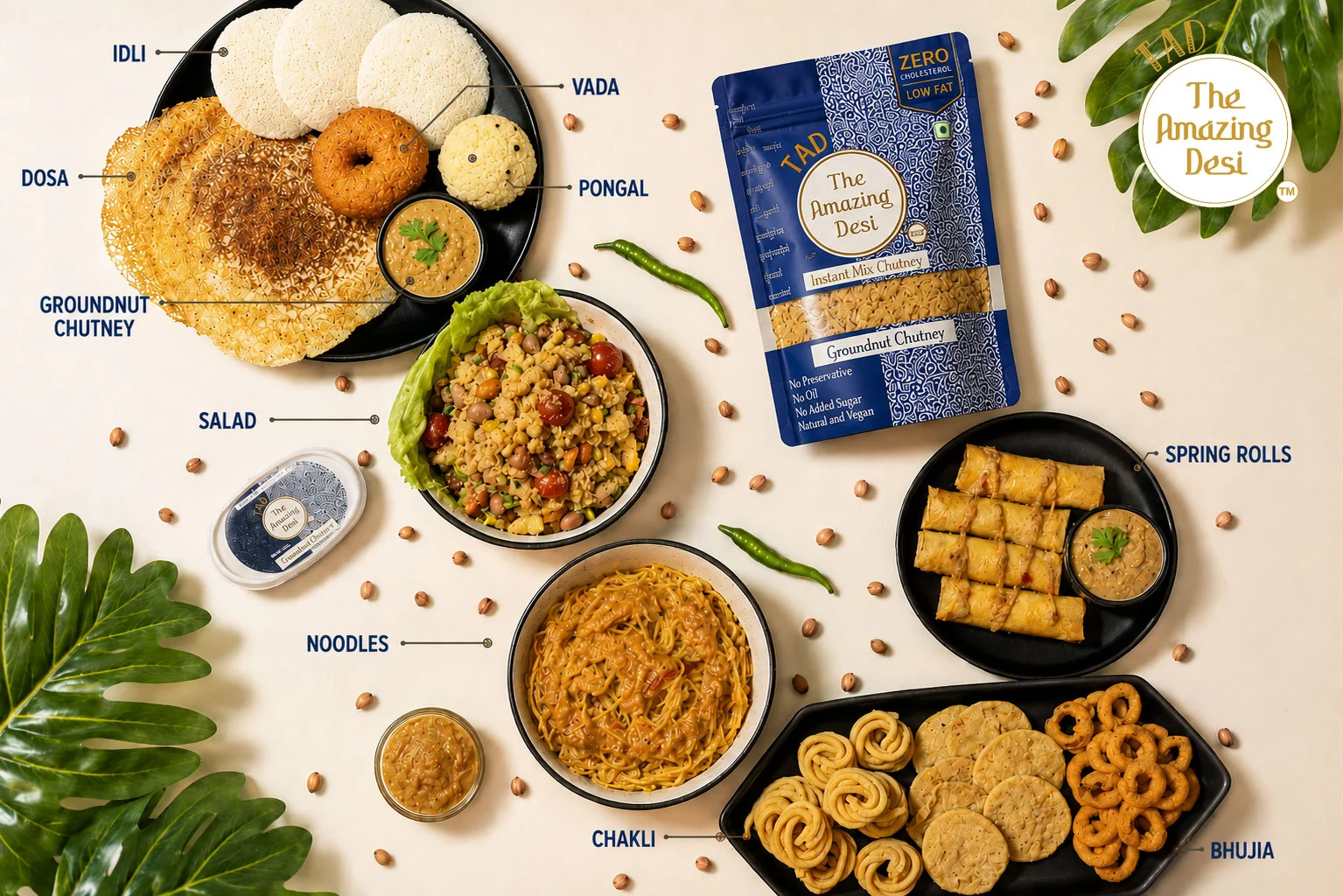 A wide spread of Indian breakfasts and snacks, including dosa, vada, spring rolls, and chakli, all served with versatile TAD groundnut chutney.
