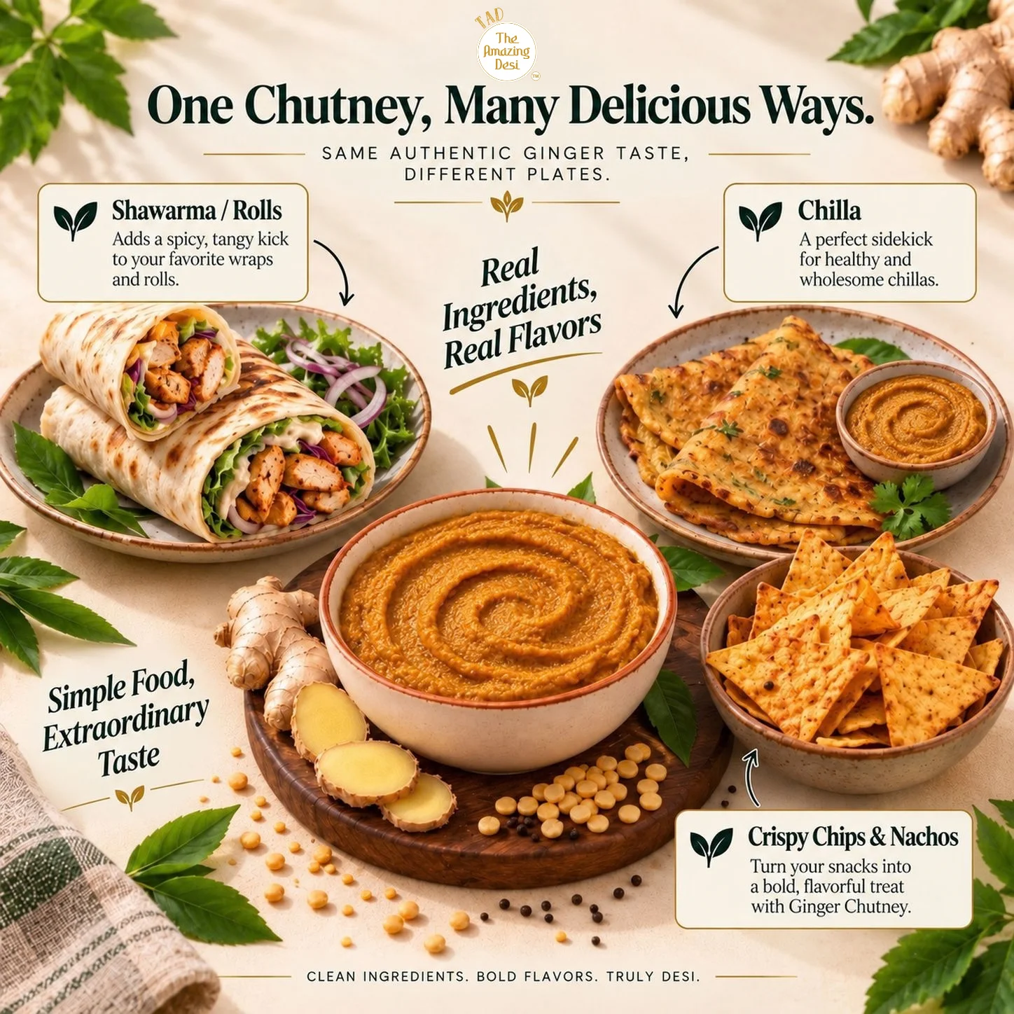 TAD - The Amazing Desi Signature Spice & Herb Chutney Combo | Ginger & Raw Mango Chutney | Ready to Serve | Just Add Water | 5-6 Servings/Pack | Tangy & Spicy | Pack of (2 x 100g) - Image 3