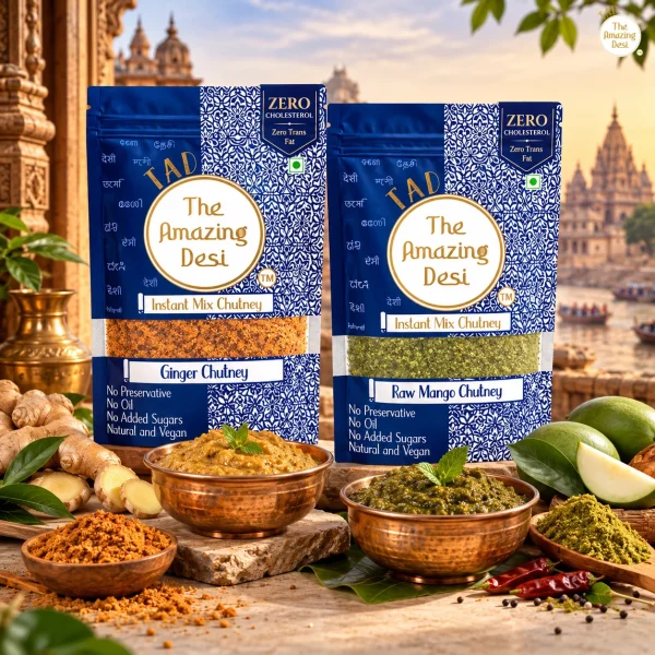 TAD - The Amazing Desi Signature Spice & Herb Chutney Combo | Ginger & Raw Mango Chutney | Ready to Serve | Just Add Water | 5-6 Servings/Pack | Tangy & Spicy | Pack of (2 x 100g)