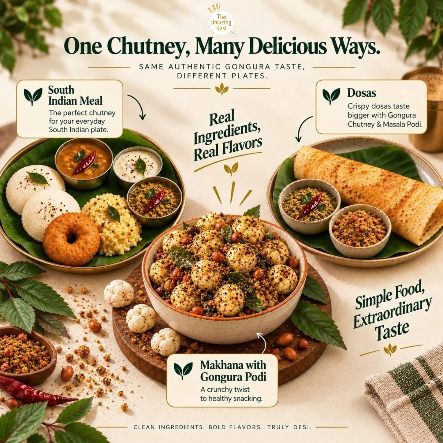 TAD – The Amazing Desi Sour & Sizzle Chutney Combo | Gongura & Garlic Chutney | 5-6 Servings/Pack | Instant South Indian Style Chutney Mix | Pack of (2 x 100g) - Image 3