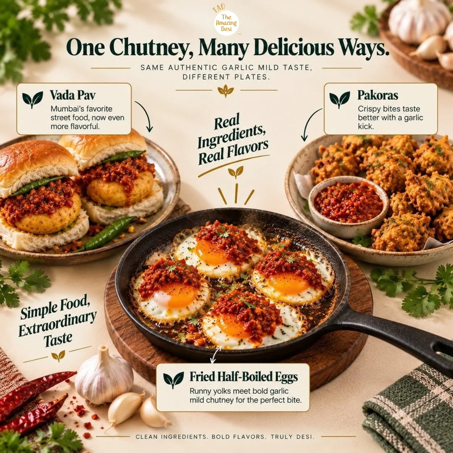 TAD – The Amazing Desi Sour & Sizzle Chutney Combo | Gongura & Garlic Chutney | 5-6 Servings/Pack | Instant South Indian Style Chutney Mix | Pack of (2 x 100g) - Image 6