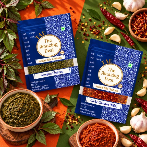 TAD – The Amazing Desi Sour & Sizzle Chutney Combo | Gongura & Garlic Chutney | 5-6 Servings/Pack | Instant South Indian Style Chutney Mix | Pack of (2 x 100g)