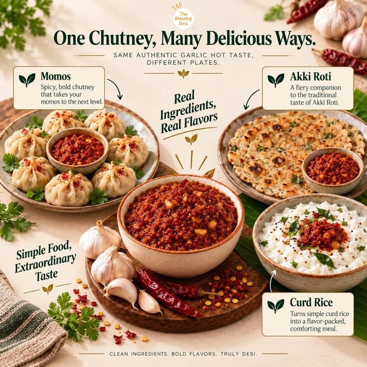 TAD – The Amazing Desi Sour & Sizzle Chutney Combo | Gongura & Garlic Chutney | 5-6 Servings/Pack | Instant South Indian Style Chutney Mix | Pack of (2 x 100g) - Image 8
