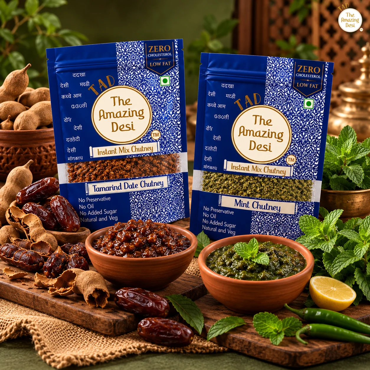 TAD - The Amazing Desi Fresh Bliss & Sweet Twist Chutney Combo | Tamarind Date & Mint Chutney | Authentic, Sweet, Tangy & Refreshing | Ready-to-Eat | Pack of (2 x 100g)