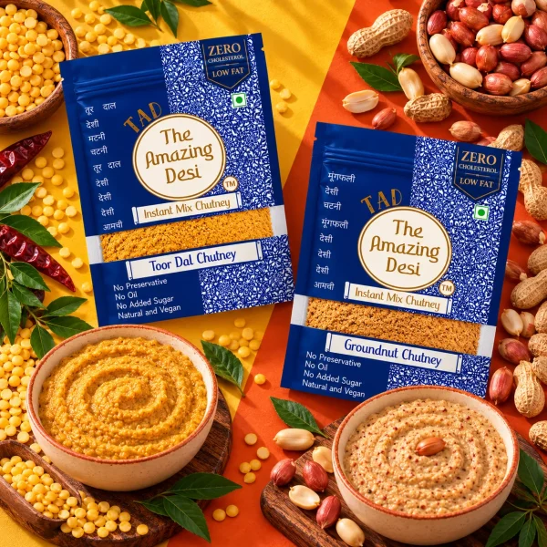 TAD – The Amazing Desi Nutty delight Protein rich Chutney Combo | Toor Dal & Groundnut Shengdana Chutney | Authentic South Indian Podi | Pack of (2 x 100g)