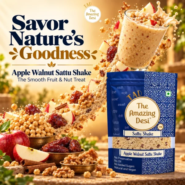The Amazing Desi Apple Walnut Sattu Shake packaging showcasing a splash of the smooth fruit and nut treat with fresh apples and dates.