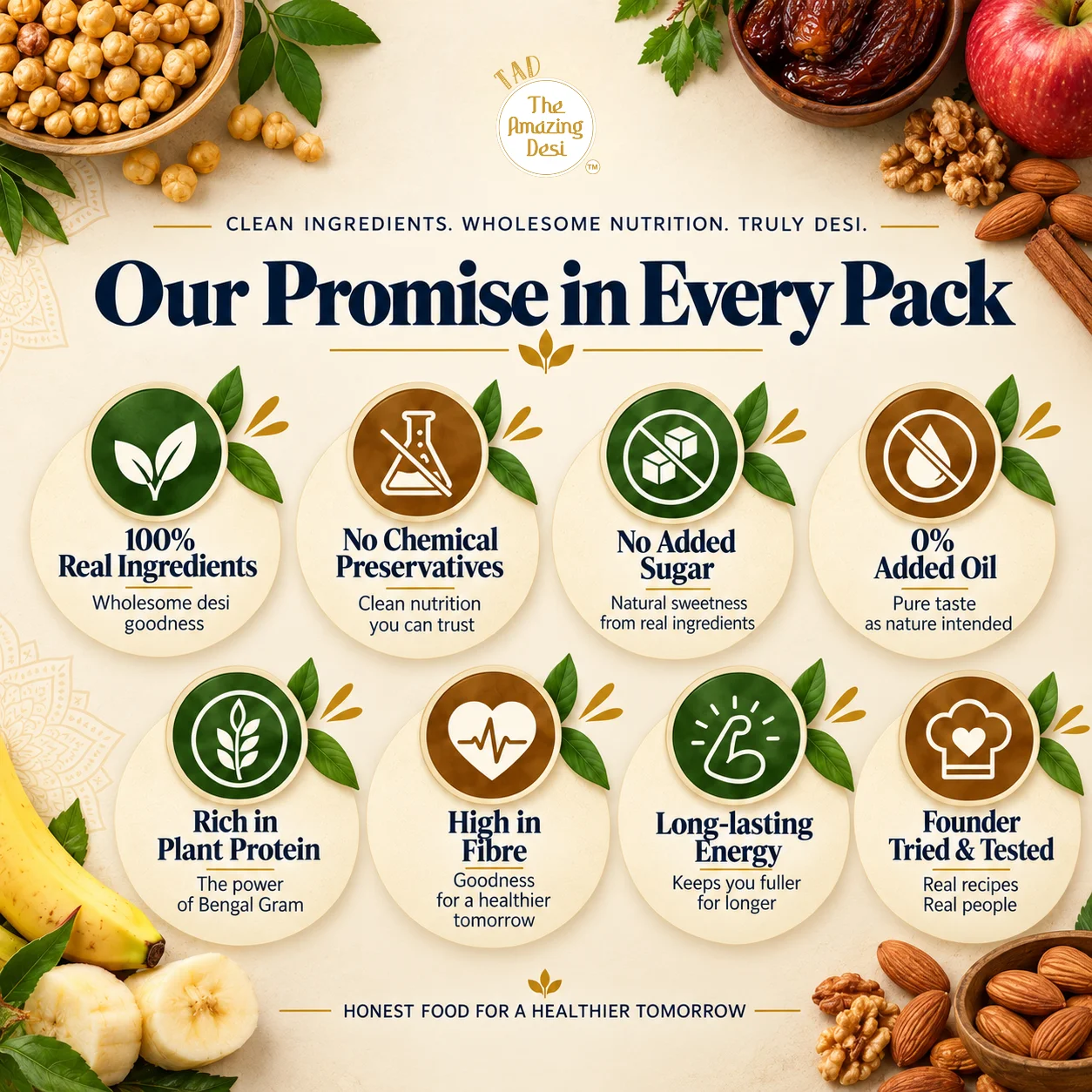 The Amazing Desi brand promise icons highlighting rich plant protein, high fibre, long-lasting energy, and 100% real ingredients.