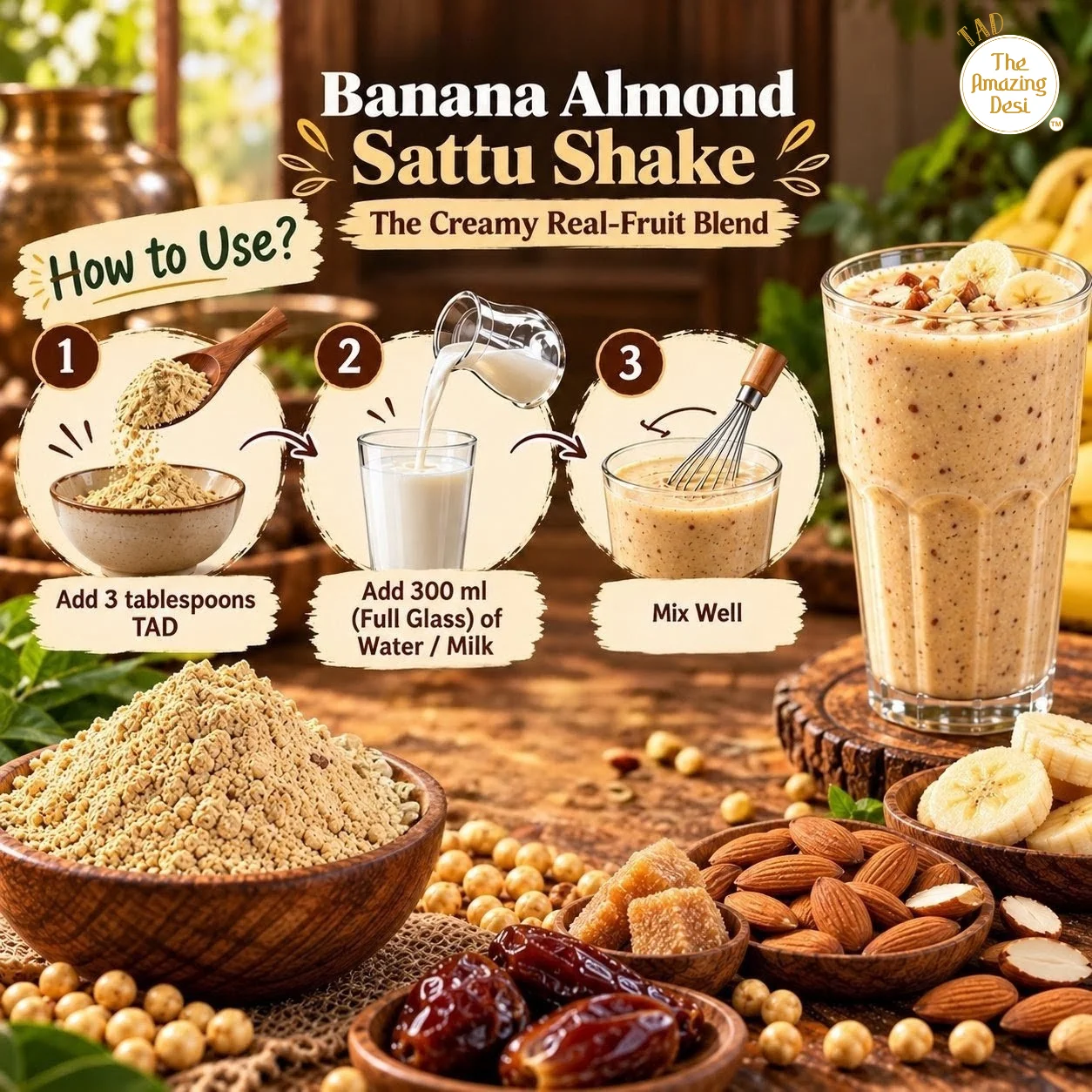 Three-step preparation guide for Banana Almond Sattu Shake using water or milk.