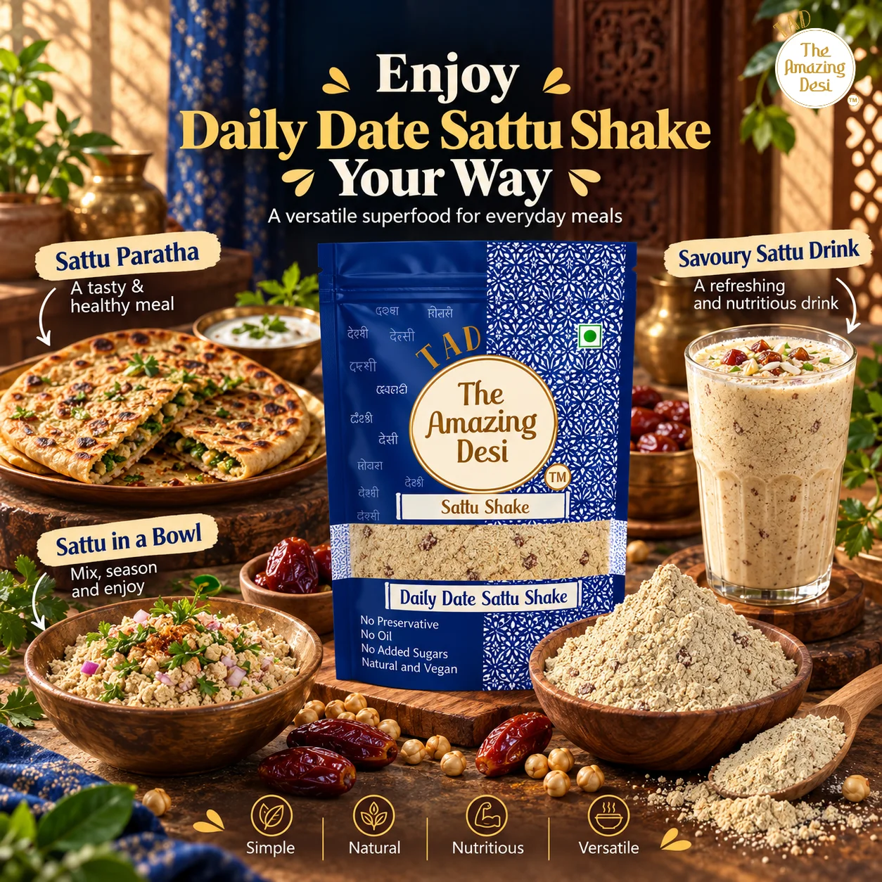 Three versatile ways to enjoy Daily Date Sattu Shake: as Sattu Paratha, a Savoury Sattu Drink, or Sattu in a Bowl.
