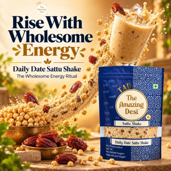 The Amazing Desi Daily Date Sattu Shake packaging showcasing a wholesome energy ritual with dates and sattu splashing into a glass.