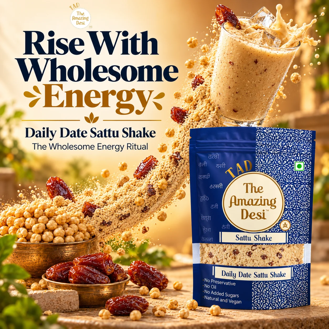 The Amazing Desi Daily Date Sattu Shake packaging showcasing a wholesome energy ritual with dates and sattu splashing into a glass.