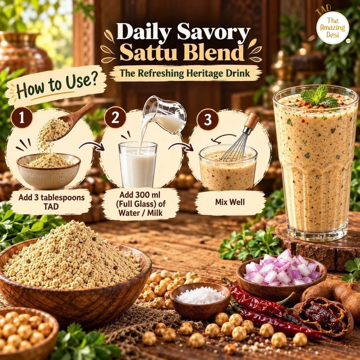 Three-step preparation guide for Daily Date Sattu Shake using water or milk.