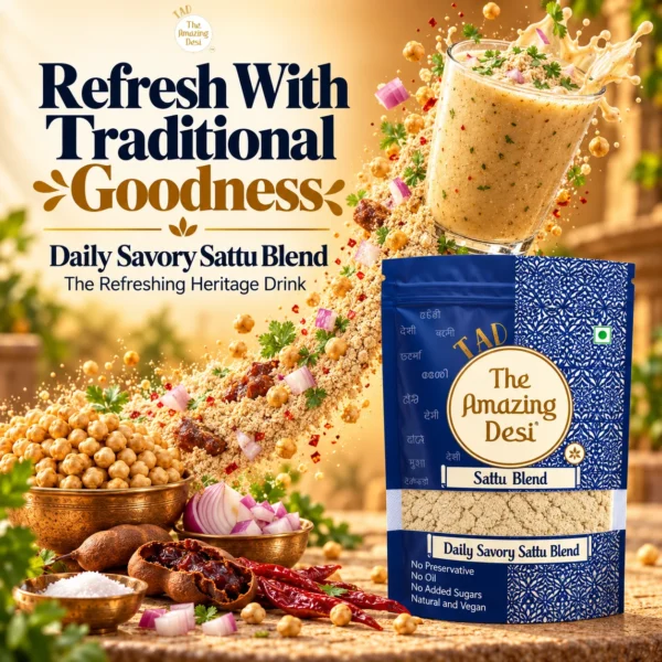 The Amazing Desi Daily Savory Sattu Blend packaging showcasing a refreshing heritage drink splashing into a glass with Bengal gram and tamarind.