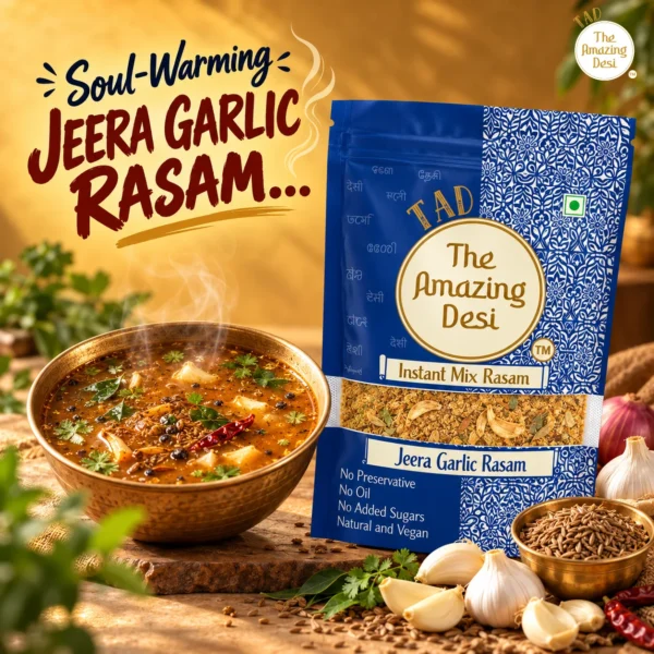 The Amazing Desi Instant Jeera Garlic Rasam packaging alongside a hot bowl of vegan rasam.