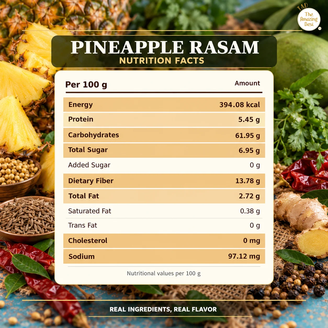 Nutrition facts for Instant Pineapple Rasam highlighting dietary fiber and zero added sugars.