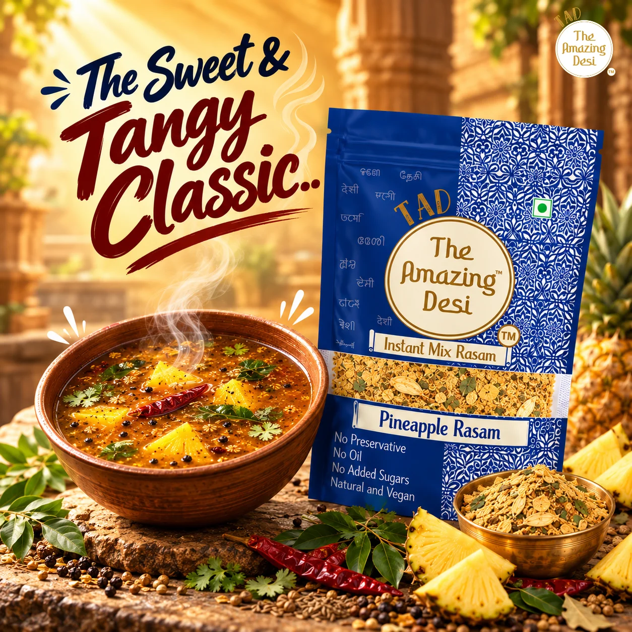 The Amazing Desi Instant Pineapple Rasam packaging next to a bowl of sweet and tangy rasam.