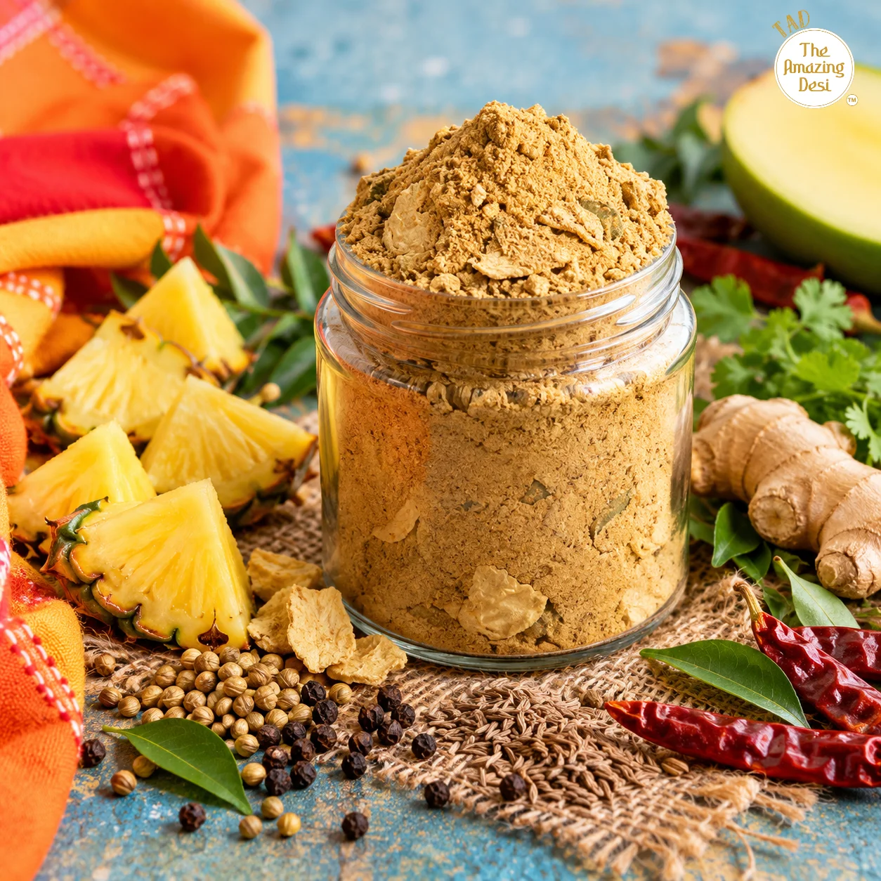 Glass jar of instant pineapple rasam powder surrounded by fresh pineapple slices, ginger, and spices.