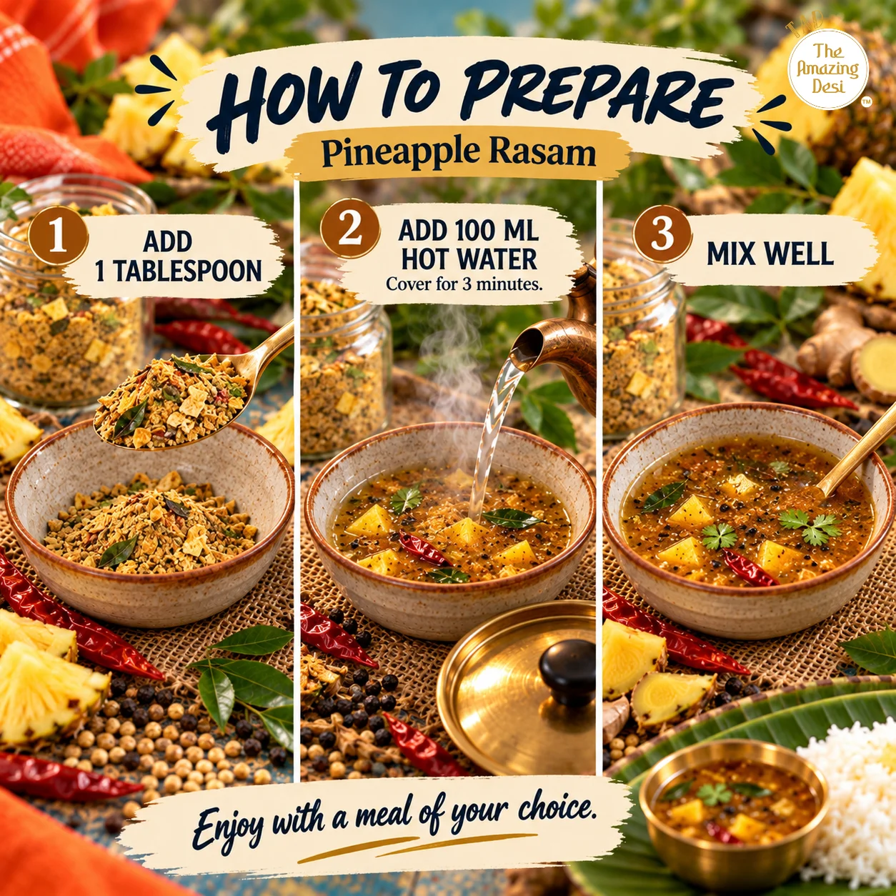 Three-step preparation guide for Instant Pineapple Rasam by adding hot water.